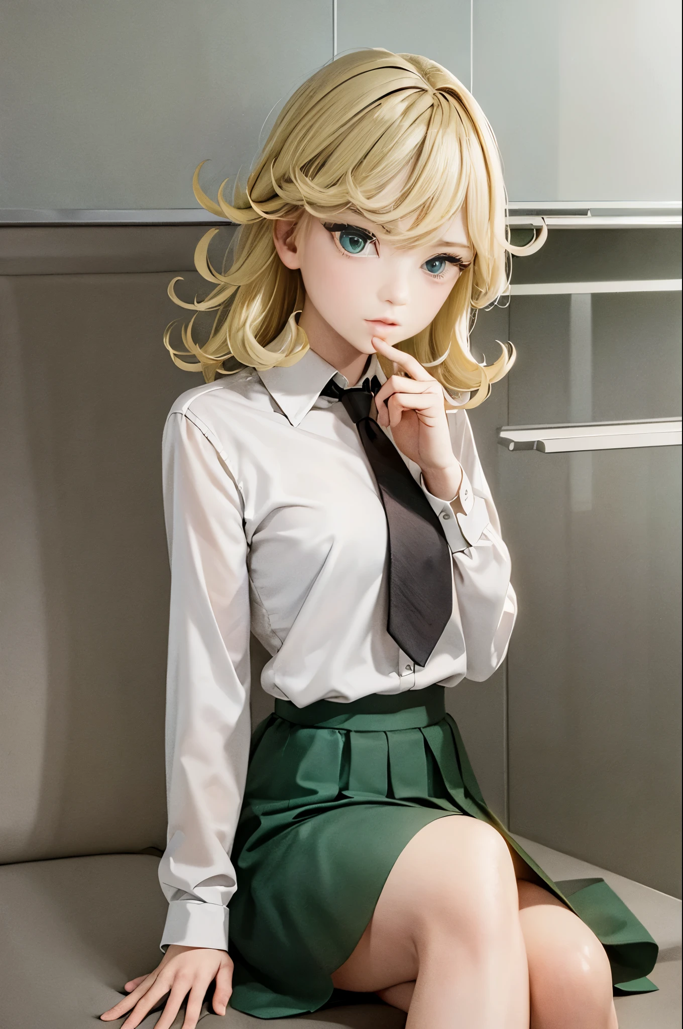 (masterpiece, best quality:1.2), solo, 1girl, tatsumaki, unamused, closed mouth, looking at viewer, hand on own face, sitting, crossed legs, collared shirt, necktie, skirt,green hair green eyes,medium thighs