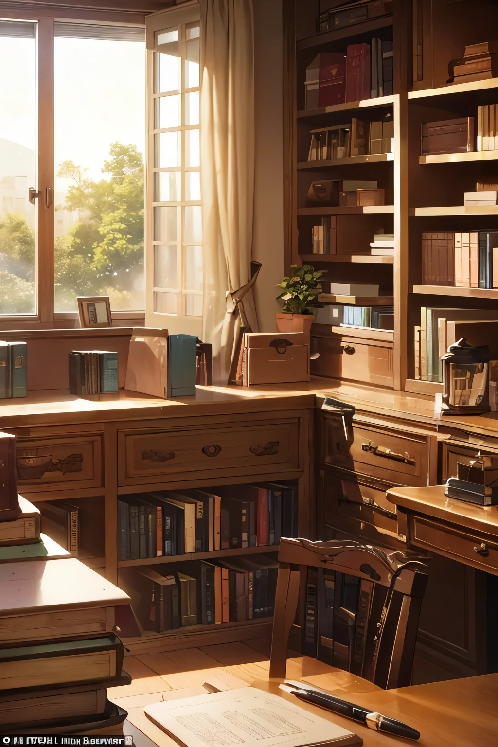 In the heart of a snug study or library, a wooden desk anchors the scene, strewn with several books of assorted sizes and hues, their spines bound together in a symphony of knowledge. Handwritten notes, sticky notes, and notepads are littered around the books like scattered thoughts, a testament to the mind at work. Pens, pencils, highlighters, and a coffee mug filled with a steaming drink complete the stationery ensemble, adding an air of productivity. Warm, inviting lighting filters in from a desk lamp or sunlight trickling through a window, bathing the scene in an amber glow. Bookshelves stand sentinel behind the desk,