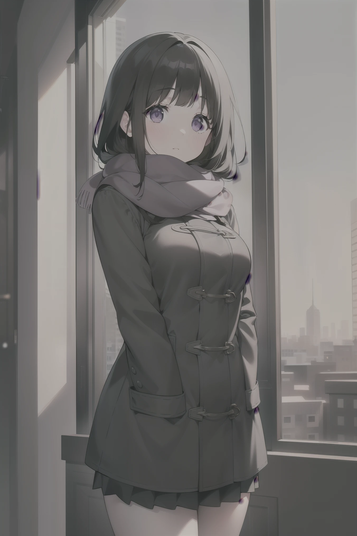 (A superb exquisite Chitanda Eru), (mature face), purple eyes, long black hair, natural straight hair, straight bangs, solo, [Small_breasts: large_breasts: 0.5], normal breasts, ((tall buildings, city, winter, scarf)), (purple coat, skirt), extremely delicate, peerless beautiful girl, dreamy quality, exaggerated facial features, solid color, delicate face, bright lips, slender waist, soft-straight curves, soft lights and shadows, super fine, 8K ULTRA HD, (masterpiece:1.4), (finely detailed beautiful eyes: 1.2)
