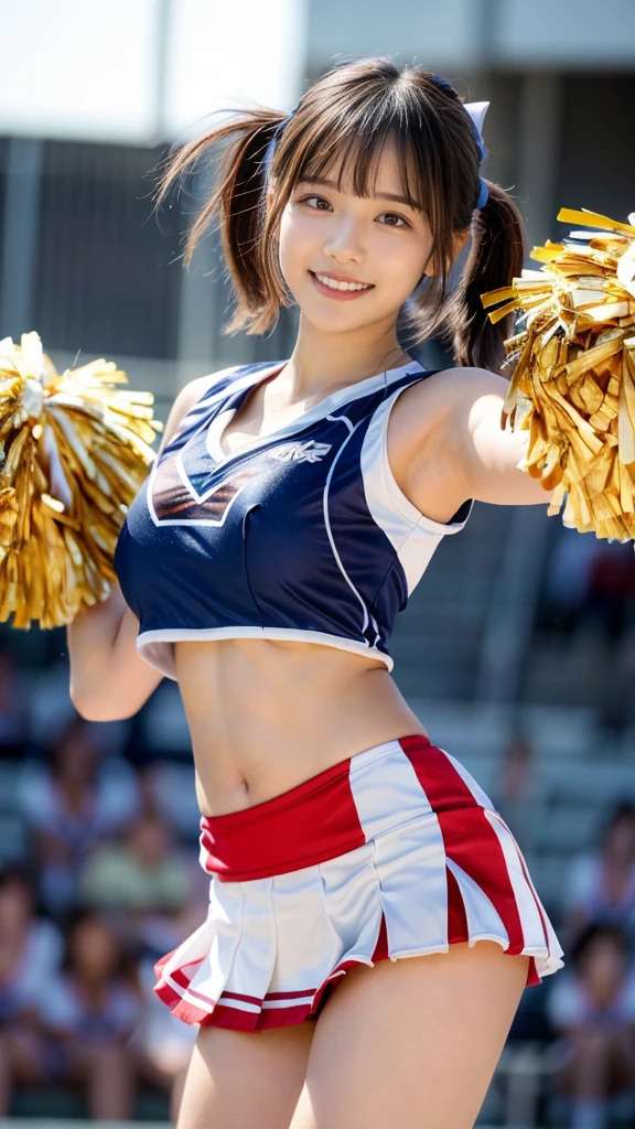 (RAW shooting:1.2),(Photorealsitic:1.4),(masterpiece:1.3),(top-quality:1.4),japanese beautiful woman,beautiful eyes finely detailed,eye lashes,beautiful double eyelid,eyeshadows,Perfect eye makeup solo,cute little,(cute face:1.4),(Smile full of happiness:1.4),(Looks happy:1.3),kindly smile,Expression in a state of excitement,(poneyTail:1.2),Brown short bomb hair,(Angle from below:1.3),(FULL BODYSHOT),More skin,double eyelid,(large full breasts:1.3),beauty breast,(cleavage of the breast),(erectile nipple:1.2),(cheer girl:1.5),(a miniskirt),Beautiful and thin legs,(Perfect body shape beauty:1.3),shinny skin,(Lively poses like cheerleading:1.5),(2 large bonbons:1.3),Jumping,Make eye contact with the camera,stadio,Night,Sexy navel,Skinny Legs,tthin eyebrows,Tear bag,lofty nose,(extemely sexy:1.3),bokeh dof,obscenity,erotick