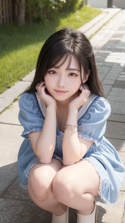 ((highest quality)), ((masterpiece)), (detailed), 8K,Realistic、High definition、high resolution、Real、((Two Girls))、c cup breasts、Japanese、Outdoor、blue sky、Are standing、smile、A good friend、21 years old、Heavy makeup、Very black hair、Shiny Hair、Glowing Skin、A cute white short-sleeved frilly dress、Denim pants、Looking up、Bending over and peering in、Strong contrast