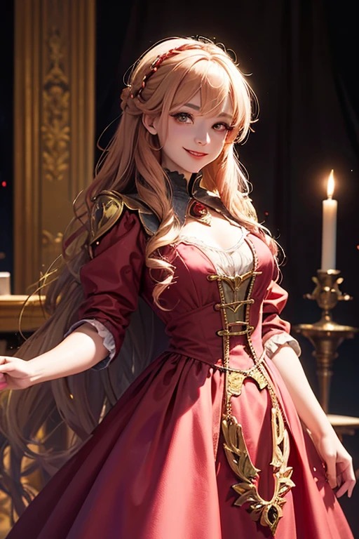A beautiful smiling vampire in medieval times wearing a pink dress with red and yellow eyes, light brown long hair