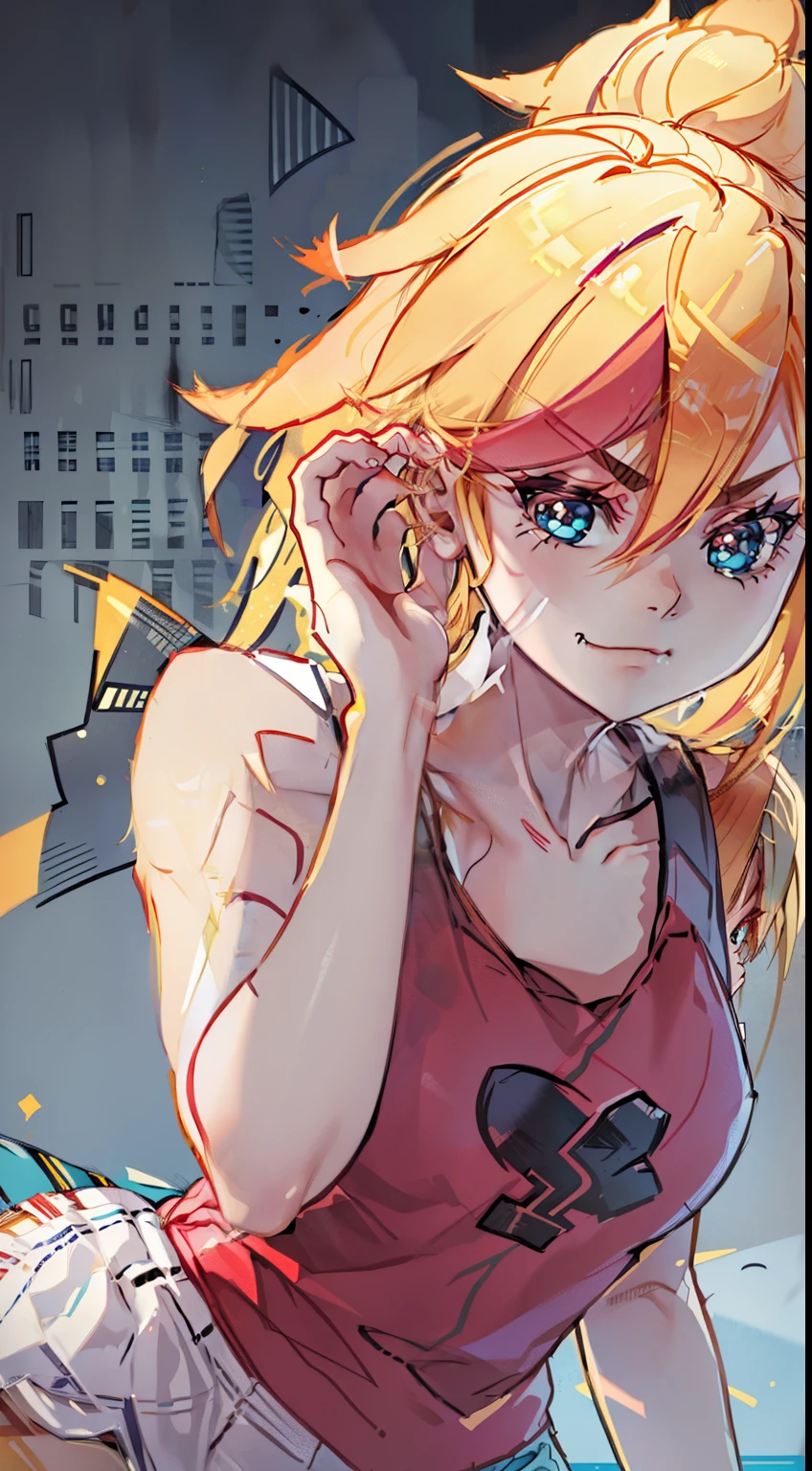 young girl, ultrs long blonde hair, Hairpin with a bundle, turquoise eyes, Yakuza tattoos, red tight uniform, Sleeveless, Wide neckline on the chest to the abdomen, Gold Elements, Red gold armor, Shorts, claws, smirk, Masterpiece, hiquality, 4k, HD, Good detail, cute pose, mean, evil look