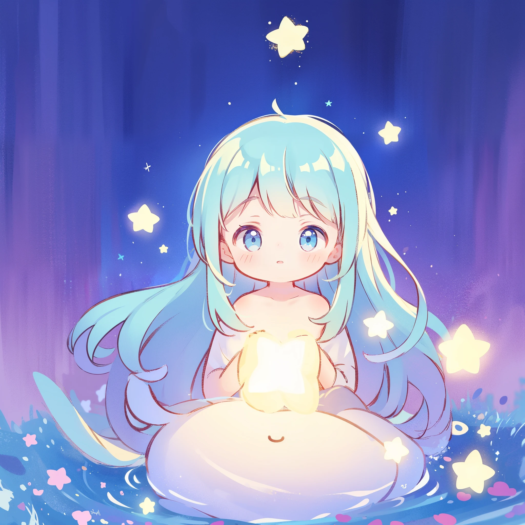 cute style, wishing star background, a nude girl catching a stream of glowing stars in her hands, long flowing blue hair, dreamy, peaceful, serene composition, glowing stars, glowing, complex drawing, highly detailed, ethereal, starry night, midjourney style