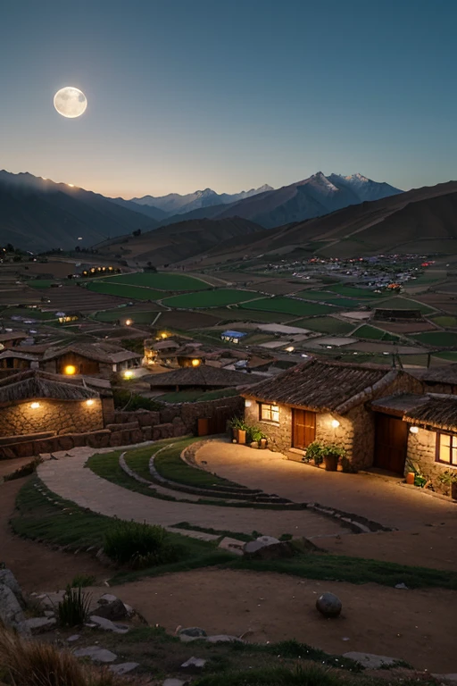 La Aldea de Chinchero bajo la Luna Llena: The scene shows the village of Chinchero bathed in the silver light of the full moon. Las casitas de adobe se alinean en calles empedradas, and the mountains of the Andean mountain range rise majestically in the background. Moonlight reflects off the rooftops and creates dancing shadows that play with the imagination..