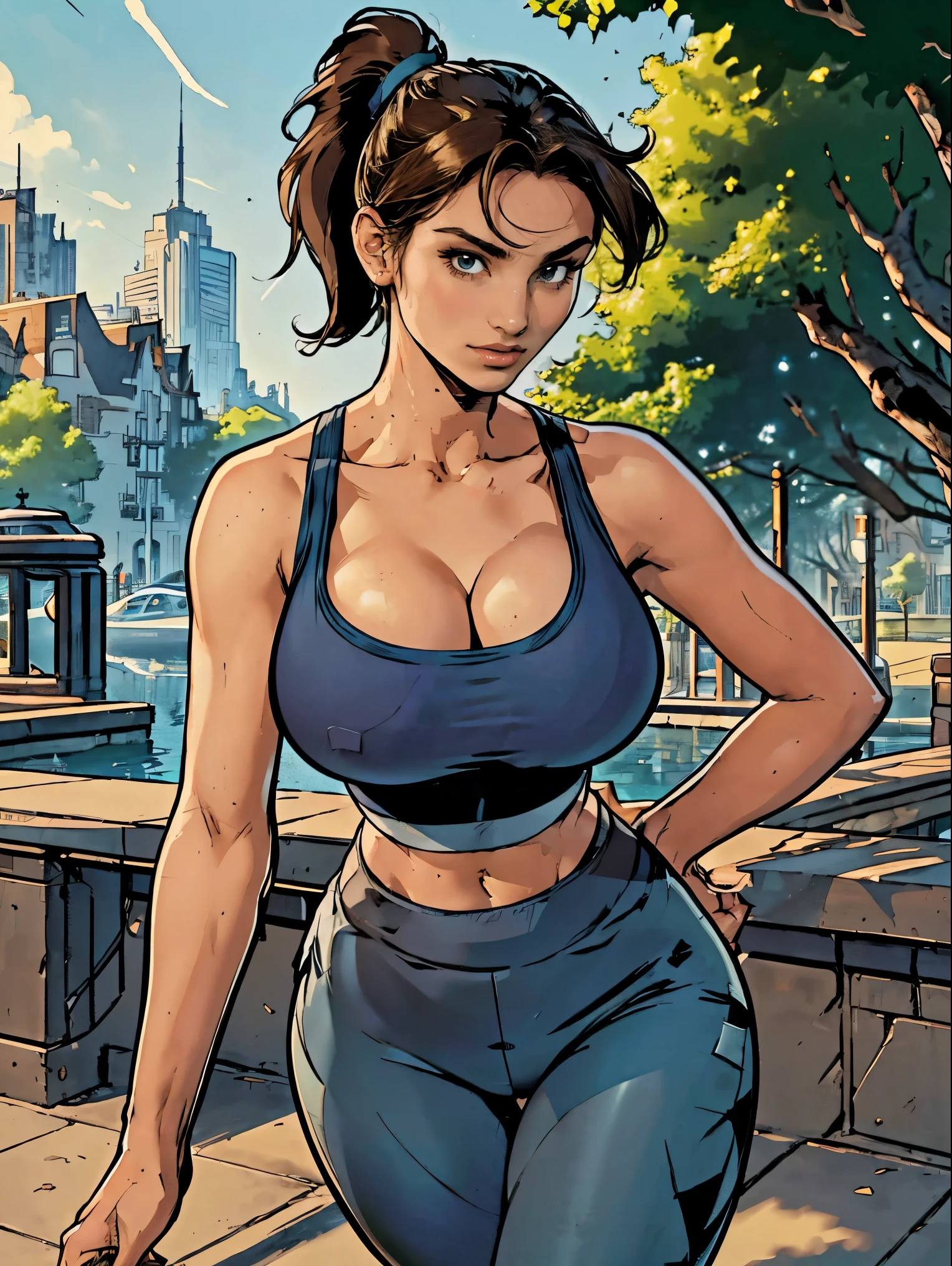 (masterpiece, top quality, best quality, official art, beautiful and aesthetic:1.2), (1girl:1.3), long dark brown hair, ((loose ponytail)), extremely detailed, portrait, looking at viewer, solo, (full body:0.6), detailed background, close up, mischievous green eyes, (warm nature theme:1.1), extremely busty slender brunette, jogging, running, huge lips, cheerful, mysterious, dark grey workout clothes, blue trim, sports bra, racerback, sleeveless, leggings, shorts, ponytail, slender, gigantic breasts, cleavage, skindentation, bouncing breasts, slim waist, slim hips, long legs, modern (city park exterior:1.1) background, bright optimistic lighting, shadows, magical atmosphere, dutch angle