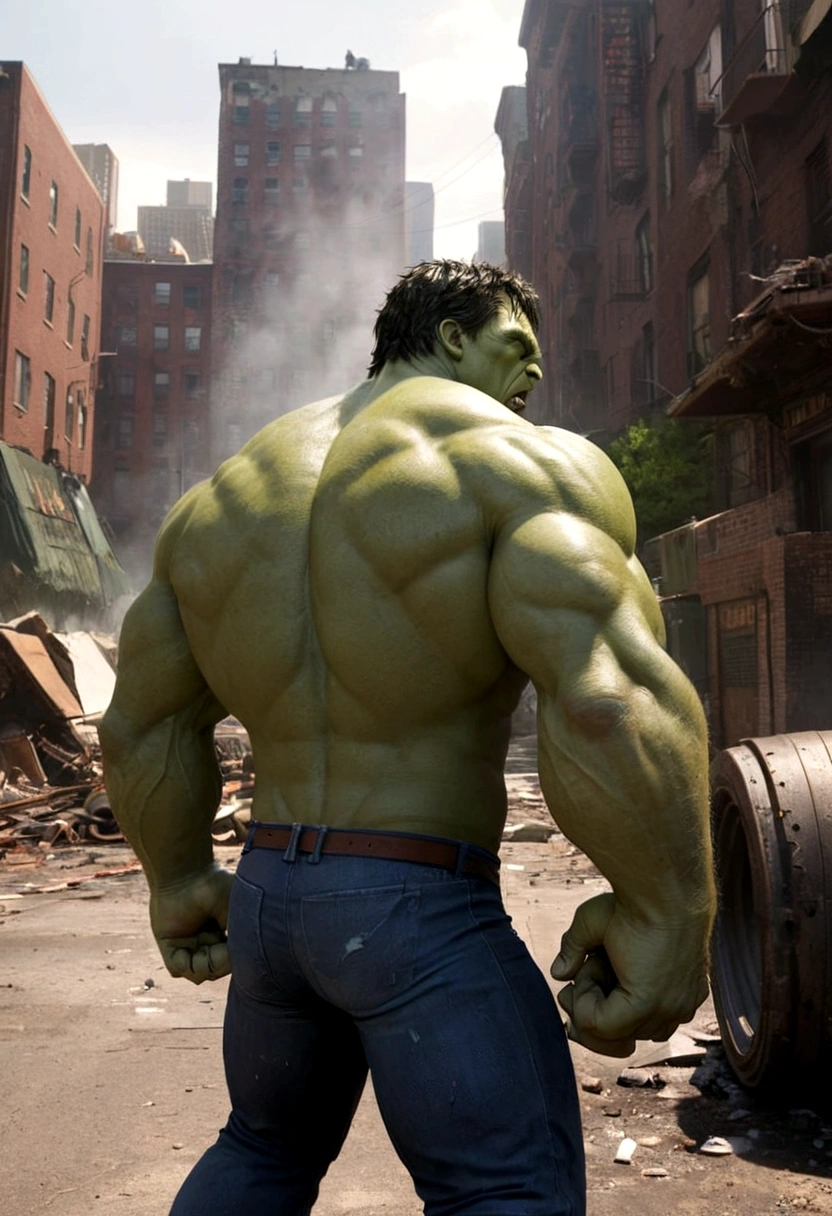 The Incredible Hulk is calming down after beating Loki to a pulp, Incredible hulk viewed from behind, trashed city block