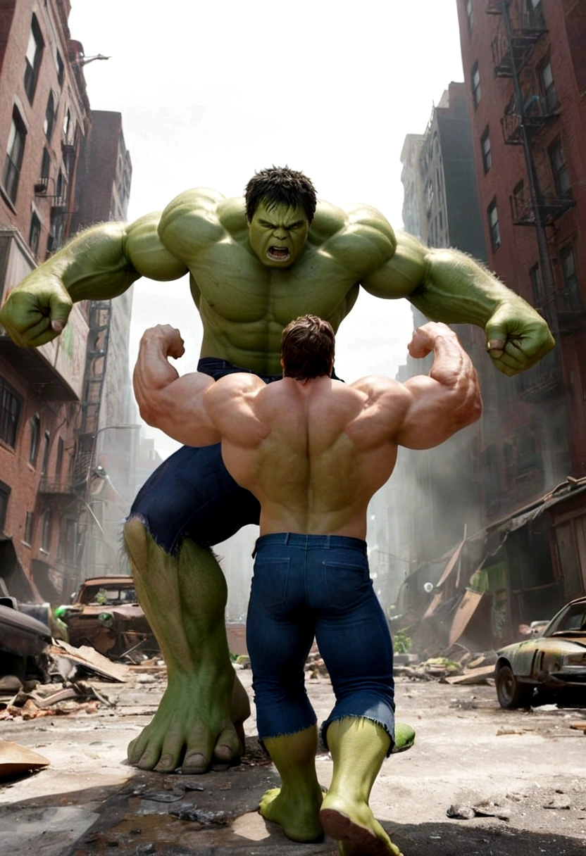 The Incredible Hulk is calming down after beating Loki to a pulp, Incredible hulk viewed from behind, trashed city block