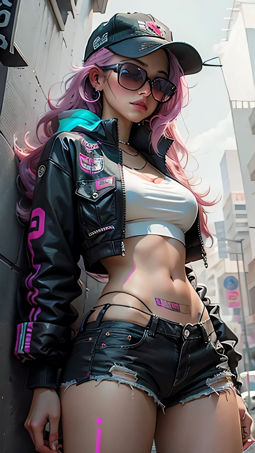 Hermosa mujer cabello medio, usando gorra, ropa corta estilo cyberpunk