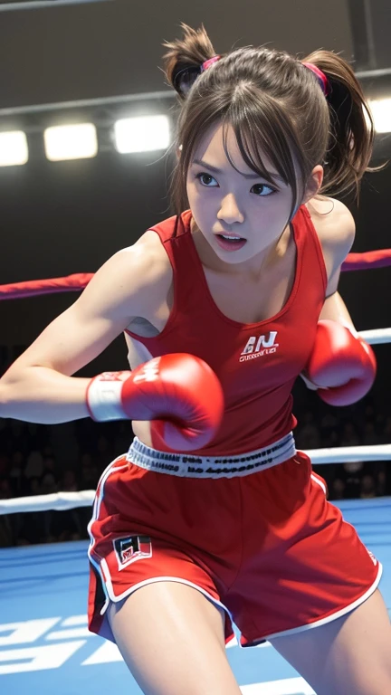 highest quality, detailed, beautiful, insanely detailed, Absurd,Perfect Anatomy, Japanese women,Brown Hair,18age, (thin), (small breasts highest quality), ((whole body)), Girls Front, Fight, long flowing hair, super fucking beautiful, strict, (Red boxing gloves), Tank top, Long shorts, Cyan color scheme clothing, (Boxing scene with straight right kick:1.3),Game Hall, Boxing Ring,Dynamic Angle、smile、20age、Don't show your armpits or navel、Tighten your armpits、