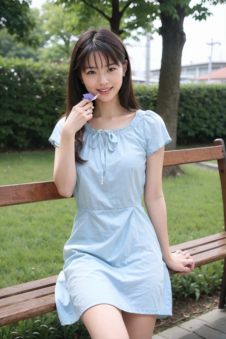 highest quality, flying debris, Realistic, High resolution, 8k　RAW Photos,alone, One Girl, 30 years old、Eat soft serve ice cream、smile、(((White Edge、Blue Dress)))、High heels、Hold the soft-serve ice cream in both hands、On a park bench