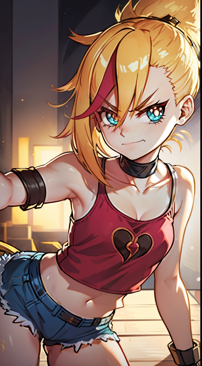 young girl,  ultrs long blonde hair, Hairpin with a bundle, turquoise eyes, red tight uniform, Sleeveless, Wide neckline on the chest to the abdomen, Gold Elements, Red gold armor, Shorts, claws, smirk, Good detail, cute pose, mean, evil look