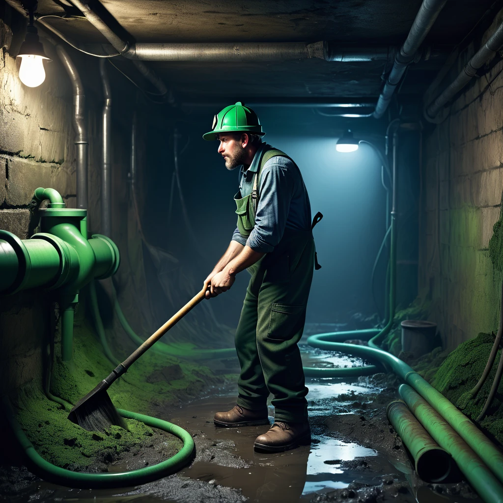 see image references for example prompts, a man cleaning green pipes in a dark basement, (back view:1.75), blue overalls, green shirt, green hunting hat, dirty hands, serious expression, focused, ambient lighting, gritty atmosphere, rough textures, muted colors, chiaroscuro lighting, cinematic composition, moody, photorealistic, 8k, hyper detailed, animetoreal