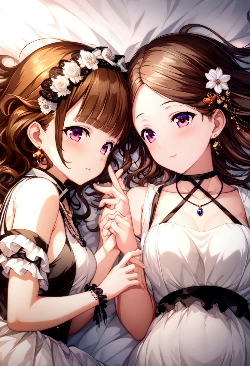 (2 young girls with long hair, Beautiful face and eyes and eyeliner,A delicate little face, pink eyes, Charming smile, (Maid cafe outfit with frilly, Sheer pleated mini skirt:1.5), Skirt turned inside out,(Transparent maid cafe costume with large open breasts and hollow:1.2), Sexy transparent underwear,Underwear turned inside out,Show belly button, Revealing sexy transparent white panties (very pretty girl), brown hair, Fashion hair accessories quality:1.4), (Extremely detailed),Pendants and earrings、 (Extremely detailed CG unified 8k wallpaper), Very detailed, High-resolution original color photos, Professional photography, Depth of Field, (Lying in bed)