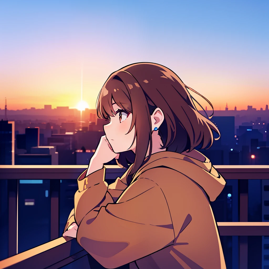 One Girl, Brown Hair, Medium Hair, dusk, Dear Kurt, 8K resolution, 8K quality, Blue background, Brown eyes, Spaced out,On top of a building,He is resting his chin on the railing,sunset,profile,Earrings