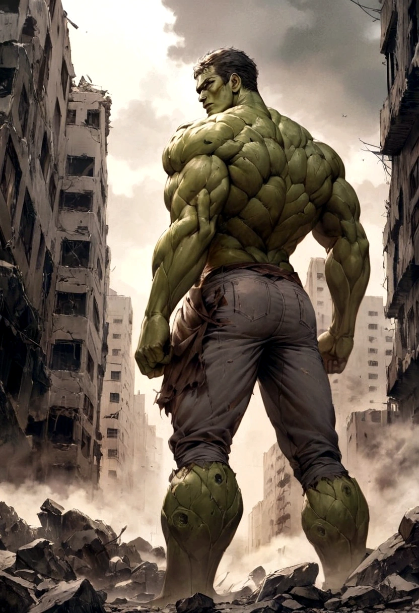 a muscular green humanoid figure, a green giant, a huge muscular green humanoid creature, ripped clothes, torn pants, tattered clothes, standing in the middle of a devastated city, destroyed buildings, rubble, debris, smoke, dust, a wrecked cityscape, calm expression, relaxed pose, viewed from behind, superhero, comic book character, cinematic lighting, dramatic shadows, moody lighting, muted color palette, gritty, realistic