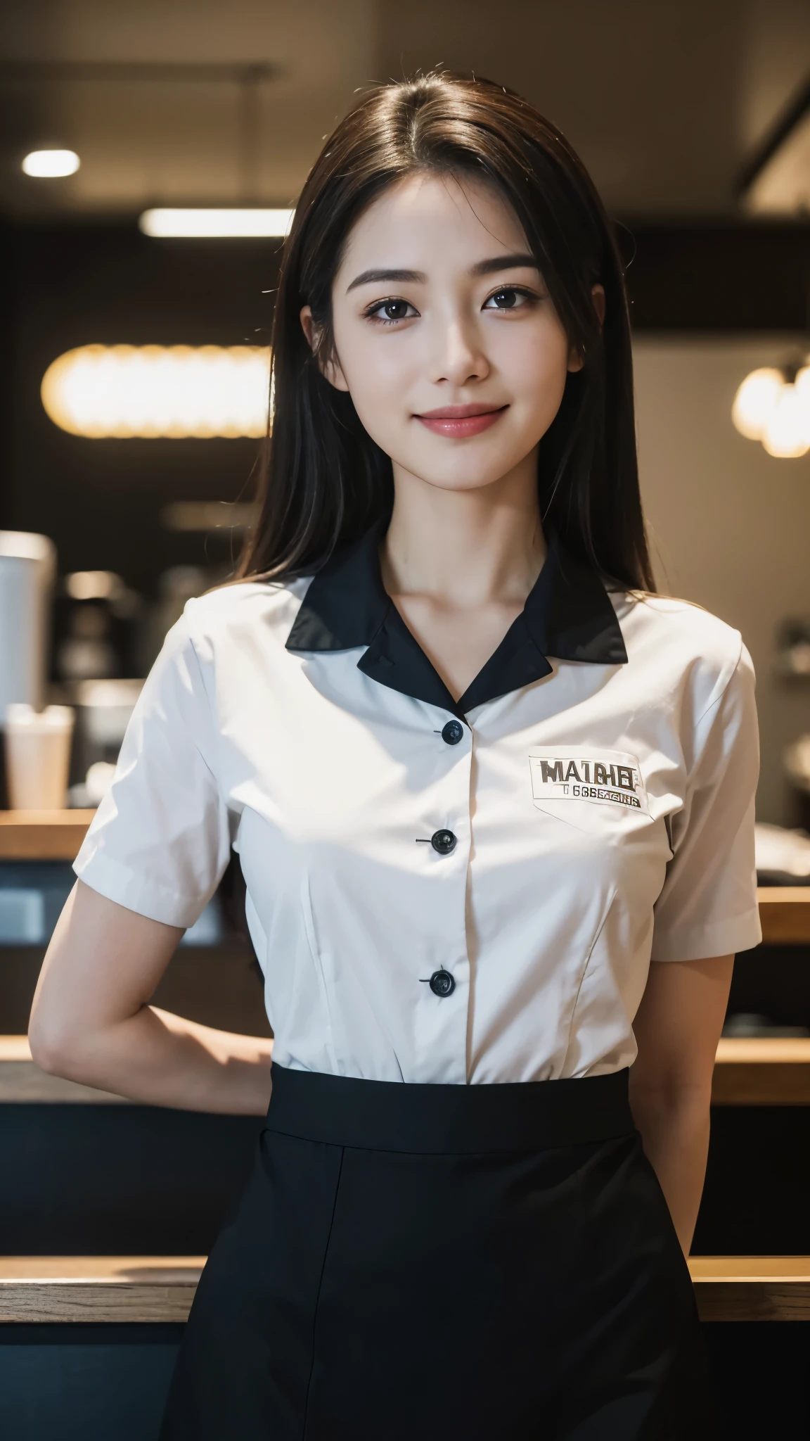 (dramatic angle)(coffee shop staff uniform)Mix 4,ultra detail (8k, RAW Photos, 最high quality, masterpiece: 1.45), (Realistic, Photorealistic: 1.37), (Ultra high definition)(Textured skin)(Very detailed)(high quality)(最high quality)(First Person View)Beauty Women,smile ,Cafe,