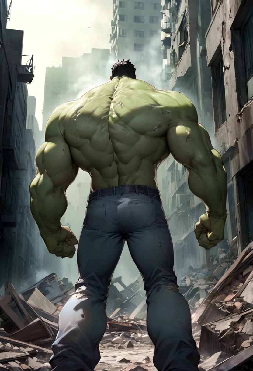 a muscular green humanoid figure, a green giant, a huge muscular green humanoid creature, ripped clothes, torn pants, tattered clothes, standing in the middle of a devastated city, destroyed buildings, rubble, debris, smoke, dust, a wrecked cityscape, calm expression, relaxed pose, viewed from behind, superhero, comic book character, cinematic lighting, dramatic shadows, moody lighting, muted color palette, gritty, realistic