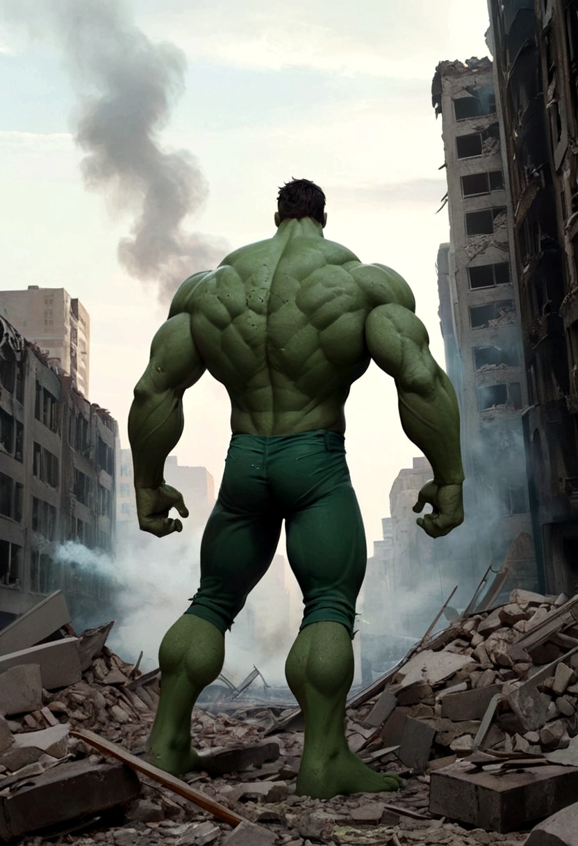 a muscular green humanoid figure, a green giant, a huge muscular green humanoid creature, ripped clothes, torn pants, tattered clothes, standing in the middle of a devastated city, destroyed buildings, rubble, debris, smoke, dust, a wrecked cityscape, calm expression, relaxed pose, viewed from behind, superhero, comic book character, cinematic lighting, dramatic shadows, moody lighting, muted color palette, gritty, realistic
