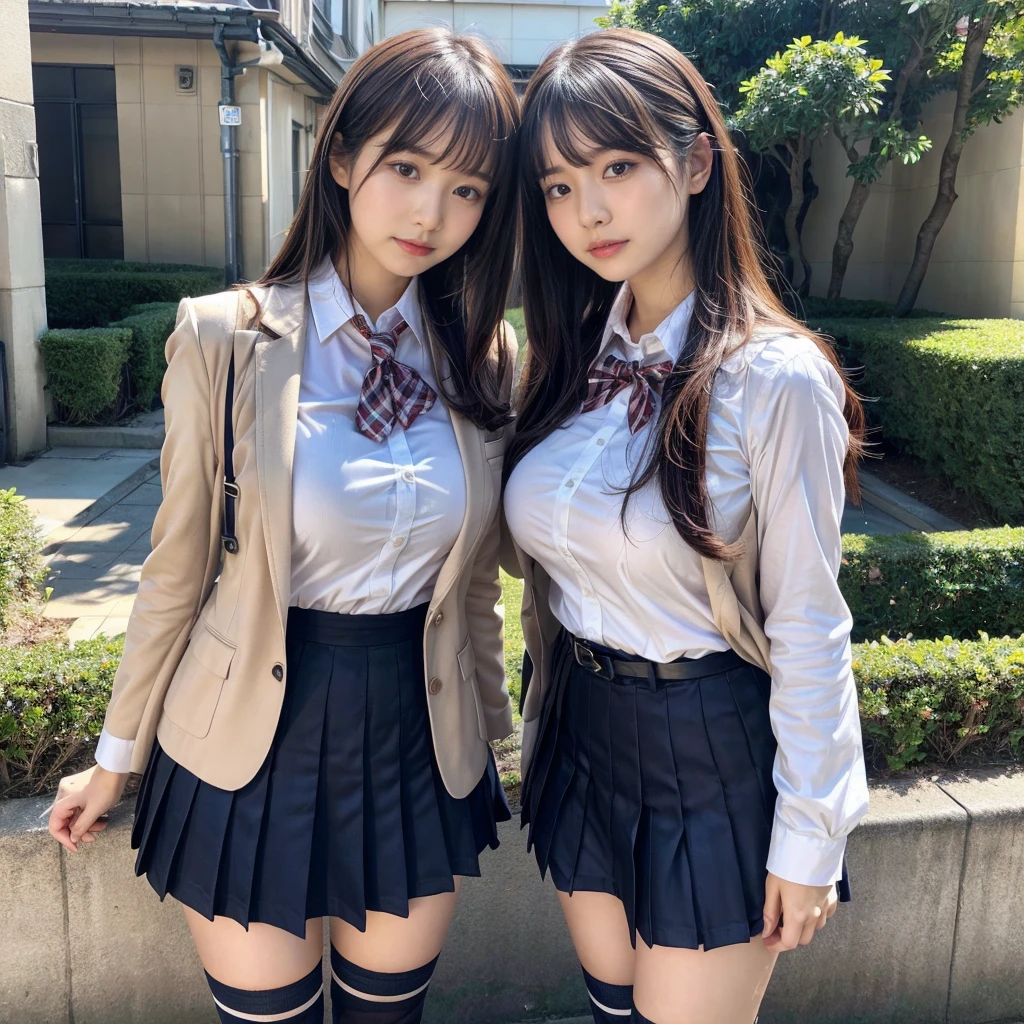 masterpiece, best quality, illustration, Super detailed, fine details, High resolution, 8K,wall paper, perfect dynamic composition,(Details High quality, realistic depiction of eyes:1.3), (2 girls, 2 schoolgirls:1.2), from side, High School Classroom、High school girl uniform、blazer 、Super Short Check Uniform Skirt、Navy blue high socks、garterbelts、Colossal tits、Disturbed uniform, short bob hair, black hair color, huge breasts, Big Natural Color Lip, bold sexy pose, (perfect body shape), crying a little、 Harajuku style、20 year old girl、 beautiful legs, hposing Gravure Idol, Voluptuous thighs