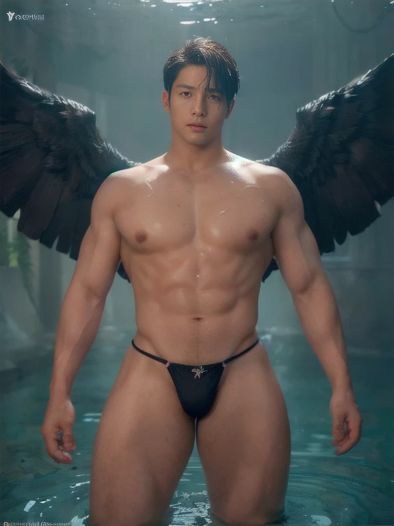 handsome male,muscular,detail eyes,wet,blessedtech,blessed,aura,wings,head wings, ultra realism , ultra photorealism ,  micro string thongs , ((unrealistic wide hips , unrealistic wide pelvis))