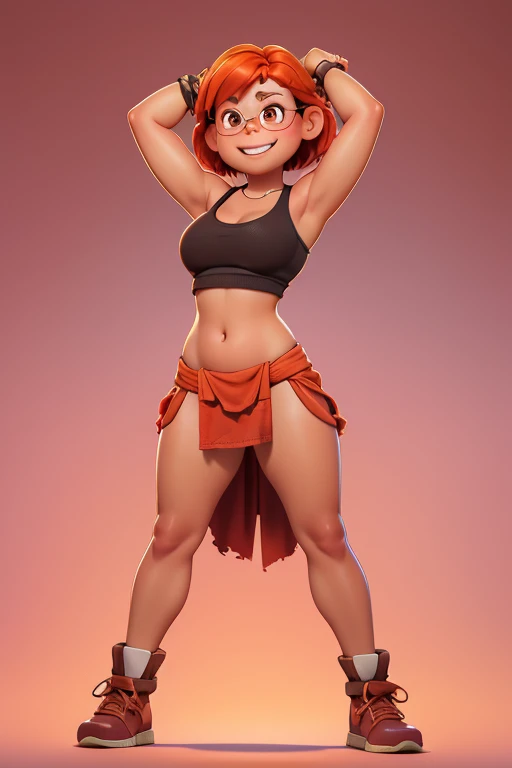 (shiny skin), body focus, (navel visible), (((full body view))), illustration, ((oversized tank top)), ((ruined clothes)), small breasts, Beautiful character design, ,perfect lighting, Colorful, Bright_Front_face_Lighting, (vibrant_color:1.2), full body view, ((tiny thin loincloth)), adult, adult, Reddish-orange hair, red hairclip, circular glasses, (brown eyes:1.2), smile (chubby:1), of small stature, glistening sweat, cleavage, ((Raise your arms behind your head)), ((spread legs)), (chubby 1.5), wearing footwear