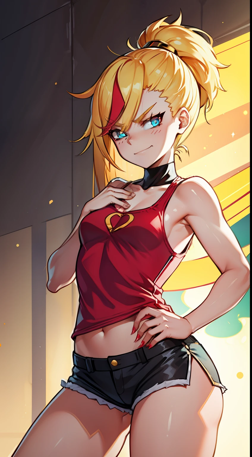 young girl,  ultrs long blonde hair, Hairpin with a bundle, turquoise eyes, red tight uniform, Sleeveless, Wide neckline on the chest to the abdomen, Gold Elements, Red gold armor, Shorts, claws, smirk, Good detail, cute pose, mean, evil look