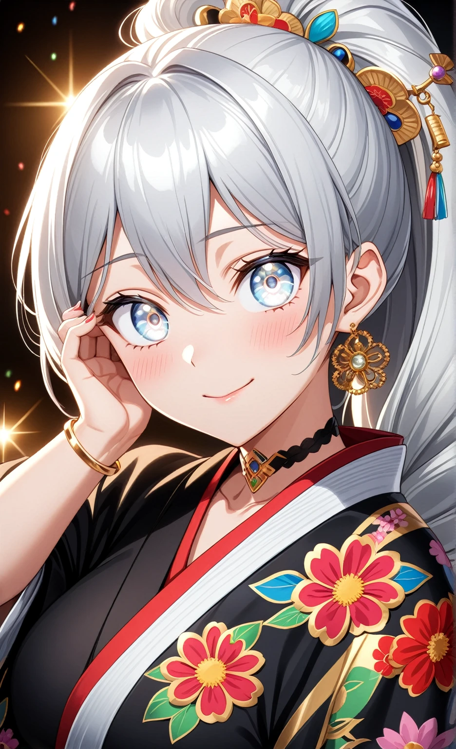 ((One personの女性)), Beautiful Face,Laughing shyly,((Wink:2.0)),Laugh with your mouth wide open((Bright red cheeks:1.4)),Glossy pink lips,night,rooftop,Festive decorations,You can see the ocean, firework,Laughing with your mouth open,Glossy pink lips,Lighting on the face,((Anime style background)),masterpiece, Highest quality, so beautiful,Latest, Complex details, (Pink long nails),(ring),(bracelet),(choker),AI-generated, Complex,High resolution, Highest quality, super high quality,3D Images、View your viewers、3D Images,One person,Long white hair,High Ponytail,(blue eyes),Anime woman posing for a photo, ((Fine grain、Silvery white colorful eyes、Shining Eyes:1.4)),(Squint your eyes:1.1),a hyperRealistic , hyperRealistic , Realistic,Anime woman with long and white hair, Smooth anime CG art, A woman in a colorful kimono with gold embroidery, (Black long sleeve kimono),Red floral pattern,Long flower hair ornament,Big earrings,Mature Body,(Big Breasts:1.1),Tall,Abdominal muscles,Narrow waist,(Zoom in on face:2.0),(Shooting from an angle:1.5),(Tilt the angle:1.3),