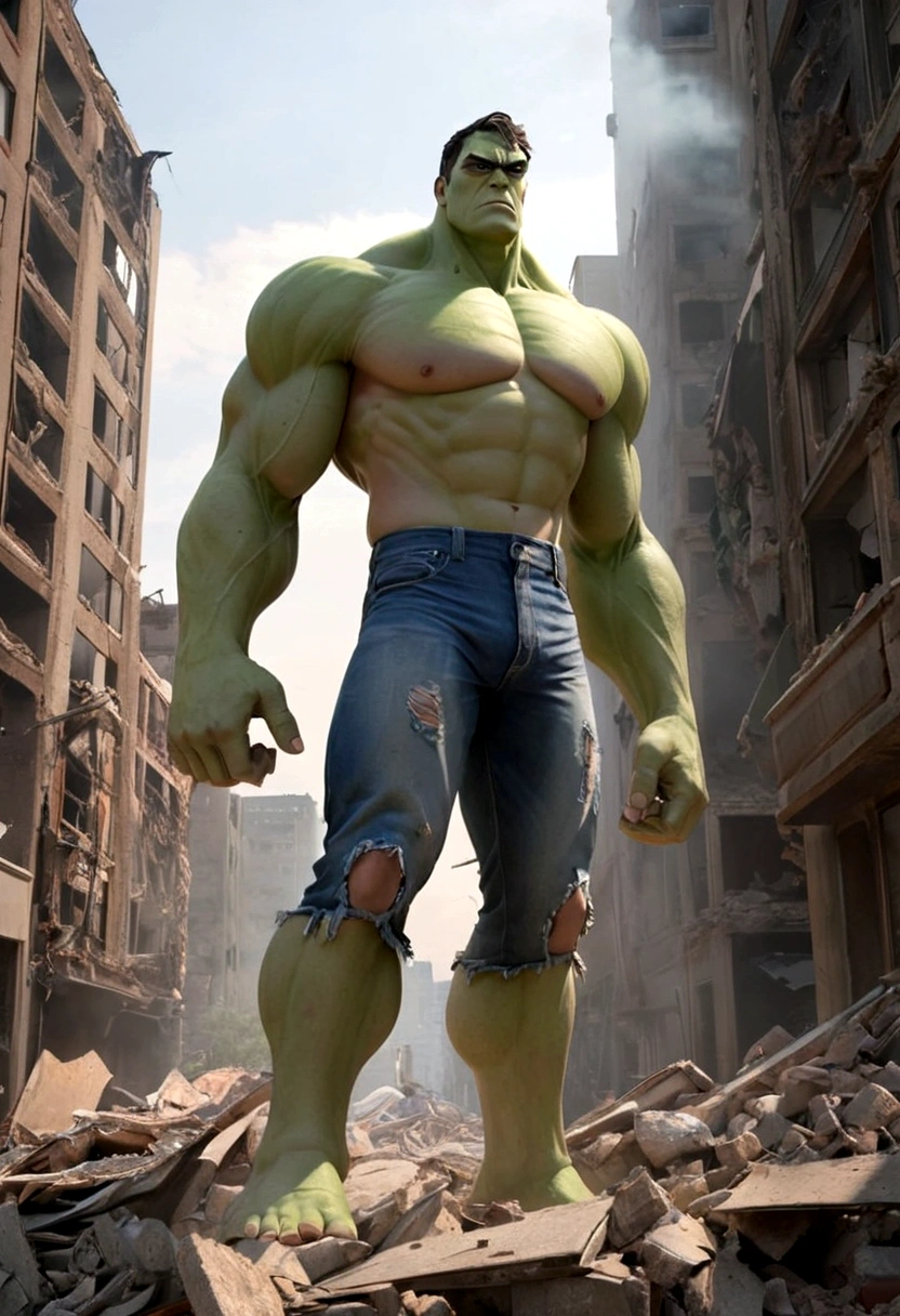 a muscular green humanoid figure, a green giant, a huge muscular green humanoid creature, ripped clothes, torn pants, tattered clothes, standing in the middle of a devastated city, destroyed buildings, rubble, debris, smoke, dust, a wrecked cityscape, calm expression, relaxed pose, viewed from behind, superhero, comic book character, cinematic lighting, dramatic shadows, moody lighting, muted color palette, gritty, realistic