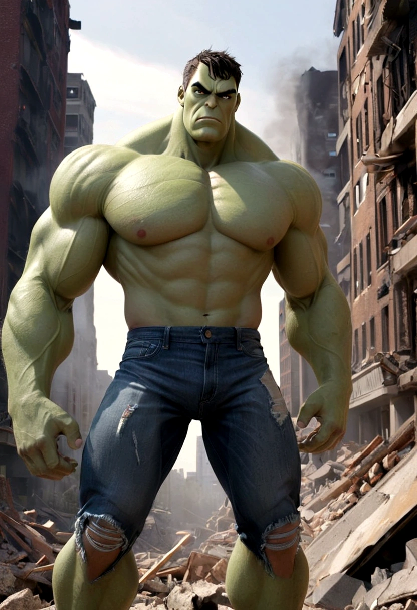 a muscular green humanoid figure, a green giant, a huge muscular green humanoid creature, ripped clothes, torn pants, tattered clothes, standing in the middle of a devastated city, destroyed buildings, rubble, debris, smoke, dust, a wrecked cityscape, calm expression, relaxed pose, viewed from behind, superhero, comic book character, cinematic lighting, dramatic shadows, moody lighting, muted color palette, gritty, realistic

