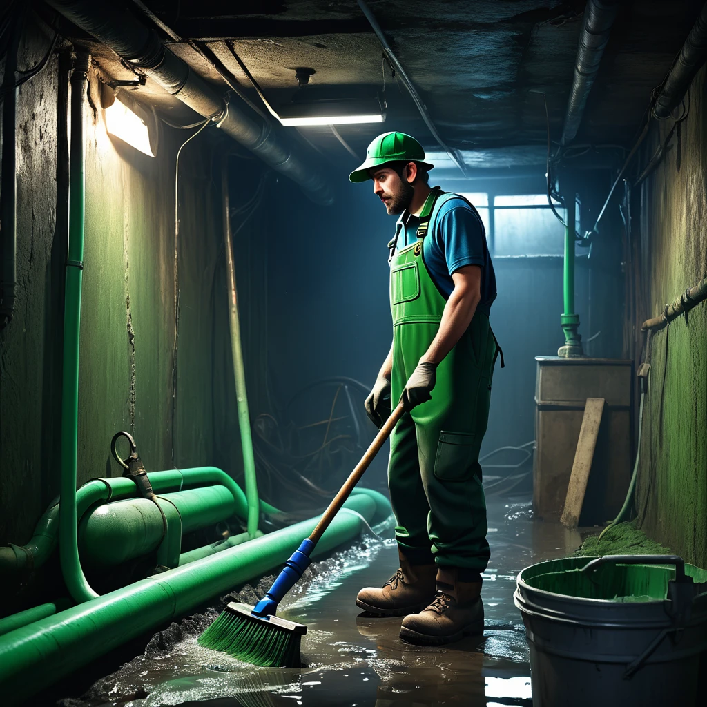 see image references for example prompts, a man cleaning green pipes in a dark basement, (back view:1.8), blue overalls, green shirt, green hunting hat, dirty hands, serious expression, focused, ambient lighting, gritty atmosphere, rough textures, muted colors, chiaroscuro lighting, cinematic composition, moody, photorealistic, 8k, hyper detailed, animetoreal