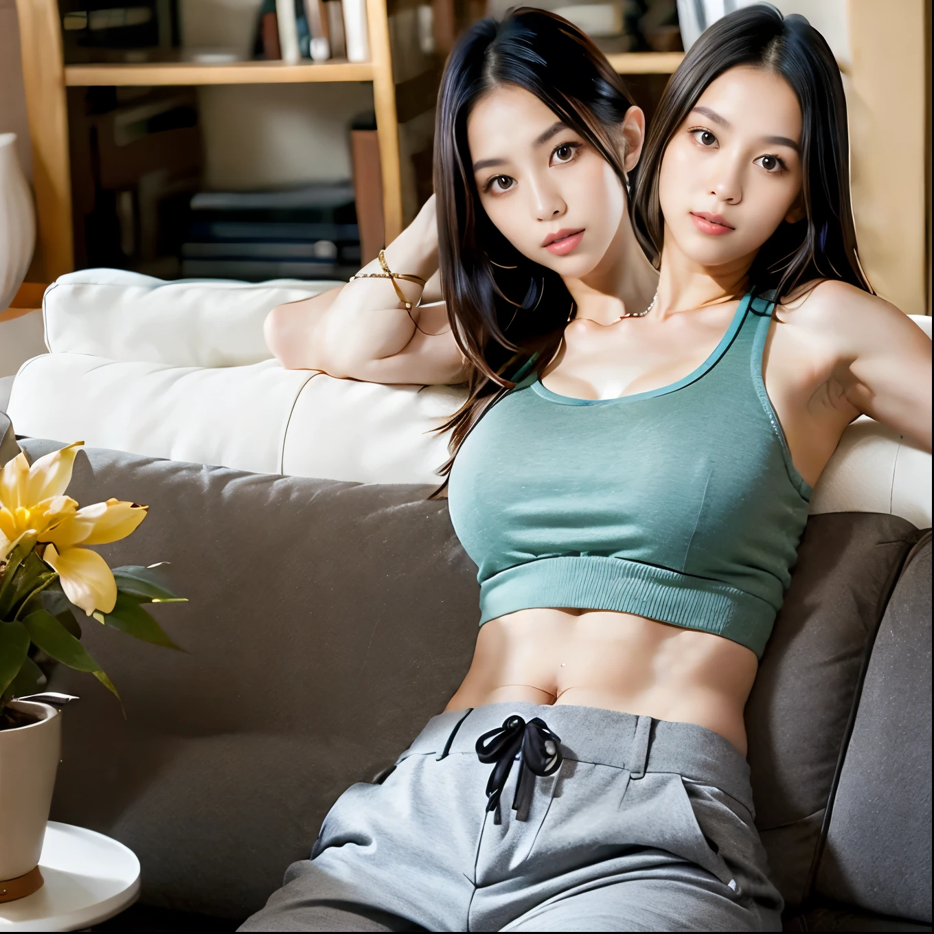 best resolution, half-body shot , woman, 2heads, blonde, black hair, tanktop, cap, baggy pants living room background