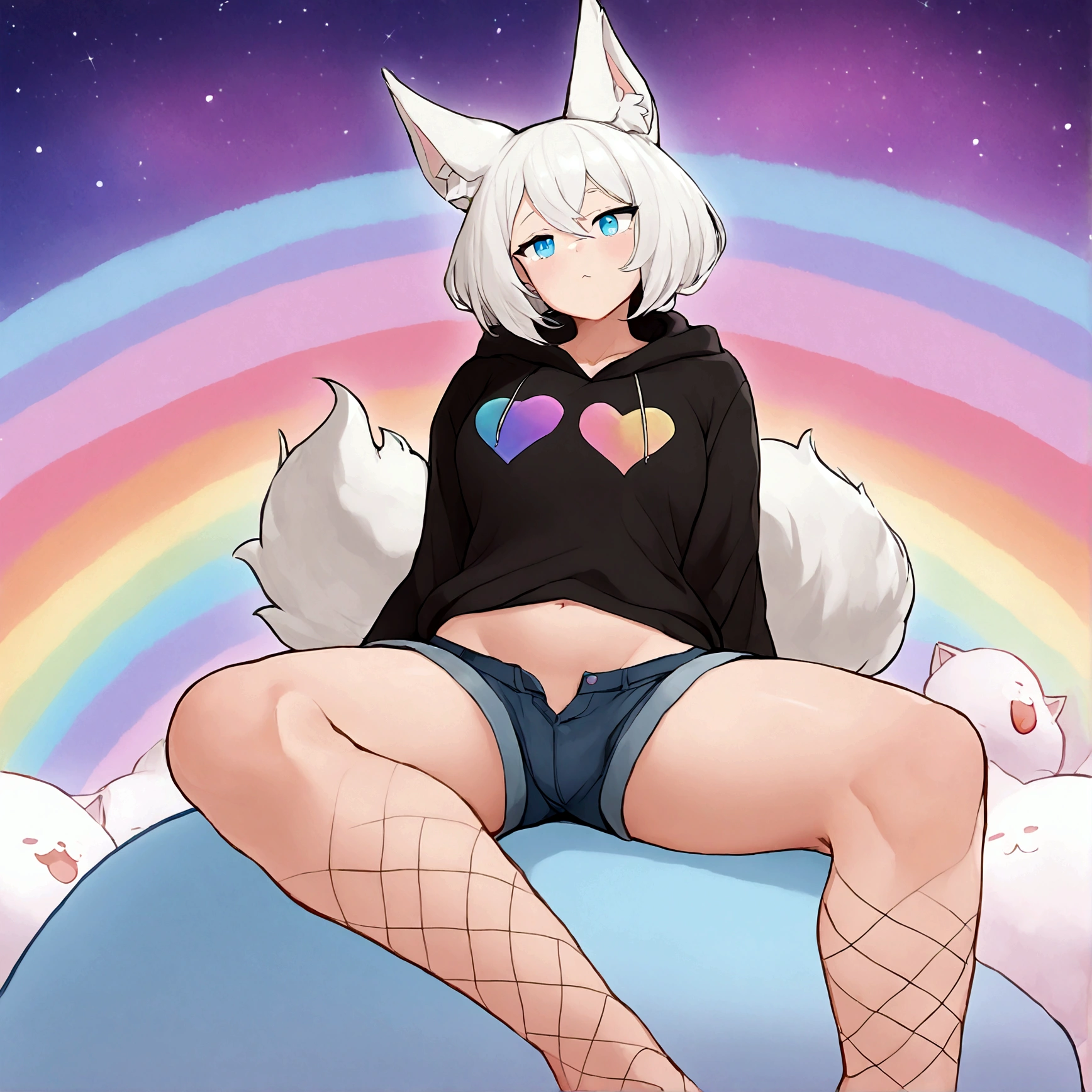 a cute adult male with wolf ears, white hair, has a wolf tail, wearing a loose cropped oversized black hoodie, wearing a pair of denim short shorts and fishnet stockings, thick thighs, wide hips, relaxing on mound of fluffy multi colored kawaii plushies, short, very slim, showing slender tummy, stretching out, heart on hoodie, squishy thighs, has glowing blue eyes. alone, solo (ALONE)(SOLO), surrounded by rainbows, colorful galaxy backround