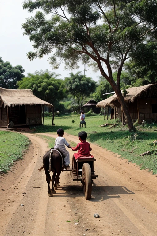 Poor children are playing on the road, there is a tree and broken soil
there is a hut and there is a bullock cart