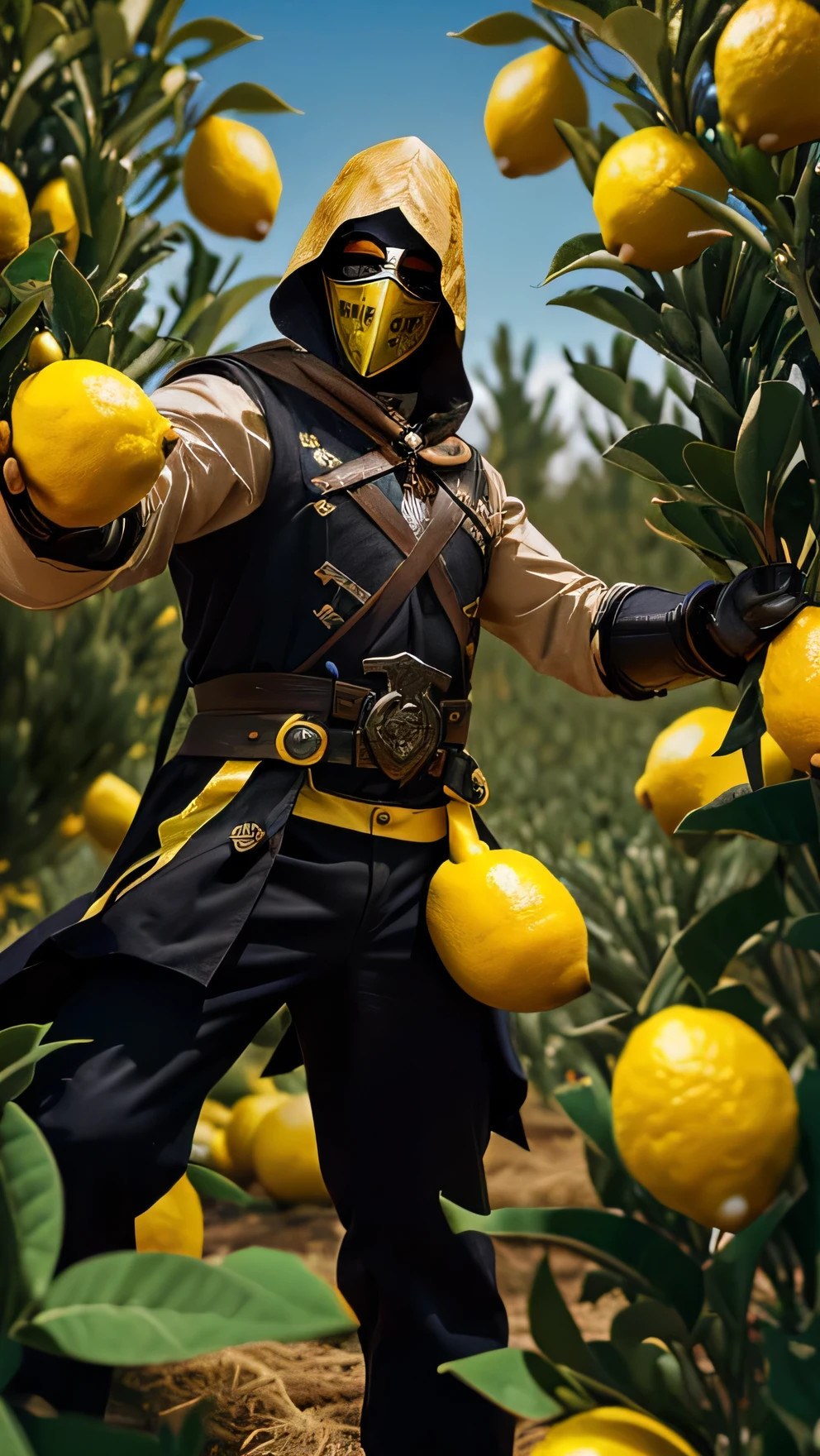 arafed man in a plague mask standing in a field of lemons, it has lemon skin texture, arms of lemons, with lemon skin texture,hyper realistic