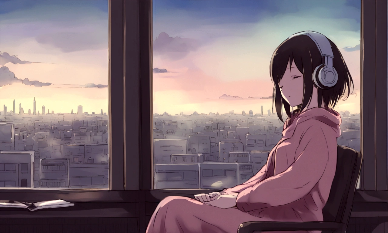 portlate、512、lo-fi、Girl in headphones sitting on a chair、Napping at your desk、Eyes closed、City view outside the window、early evening、PastelColors、Painting