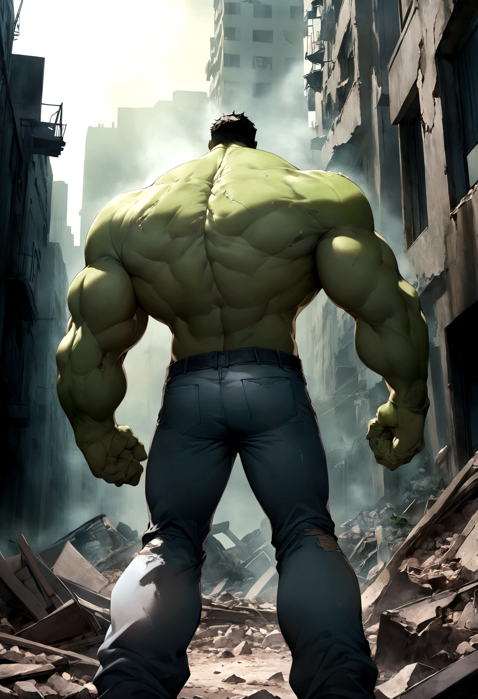 a muscular green humanoid figure, a green giant, a huge muscular green humanoid creature, ripped clothes, torn pants, tattered clothes, standing in the middle of a devastated city, destroyed buildings, rubble, debris, smoke, dust, a wrecked cityscape, calm expression, relaxed pose, viewed from behind, superhero, comic book character, cinematic lighting, dramatic shadows, moody lighting, muted color palette, gritty, realistic
