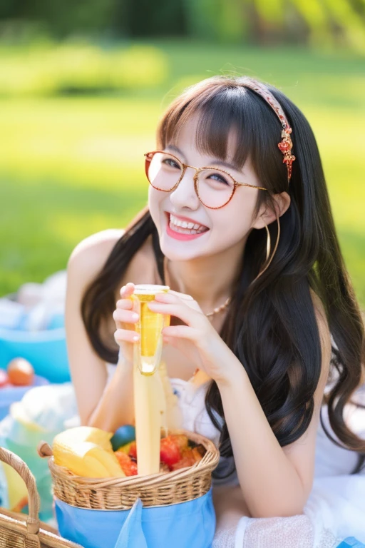 highest quality、masterpiece、High sensitivity、High resolution、detailed、Glasses、Happy smile、Be cheerful and excited、picnic