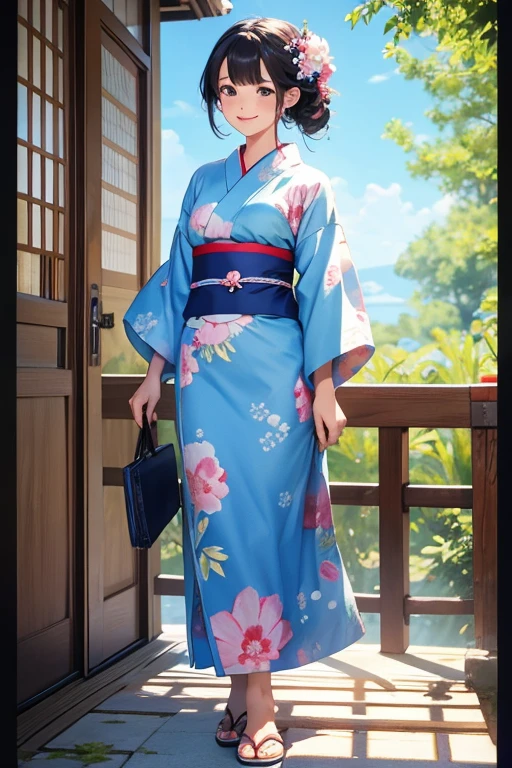 Full body、Anime girl in blue yukata with flowers in her hair, Japanese art style, Drawing with a brush、  4k、watercolor、smile