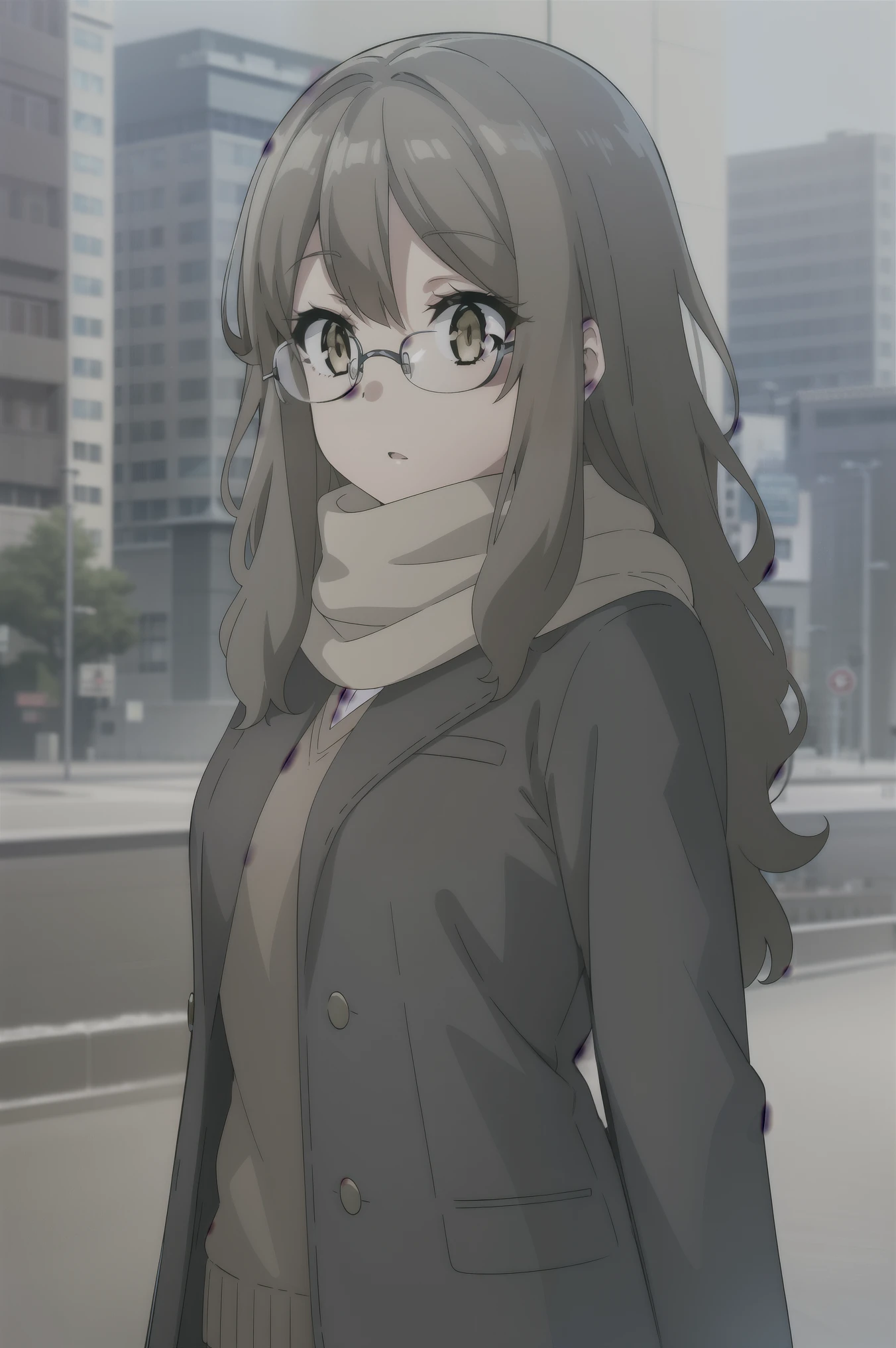 riofutaba, rio futaba, black-framed eyewear, (brown eyes:1.7), glasses, (grey hair:1.2), hair between eyes, over-rim eyewear, semi-rimless eyewear, long hair, sidelocks, , (mature face), solo, [Small_breasts: large_breasts: 0.5], normal breasts, ((tall buildings, city, winter, scarf)), (purple coat, skirt), extremely delicate, peerless beautiful girl, dreamy quality, exaggerated facial features, solid color, delicate face, bright lips, slender waist, soft-straight curves, soft lights and shadows, super fine, 8K ULTRA HD, (masterpiece:1.4), (finely detailed beautiful eyes: 1.2)