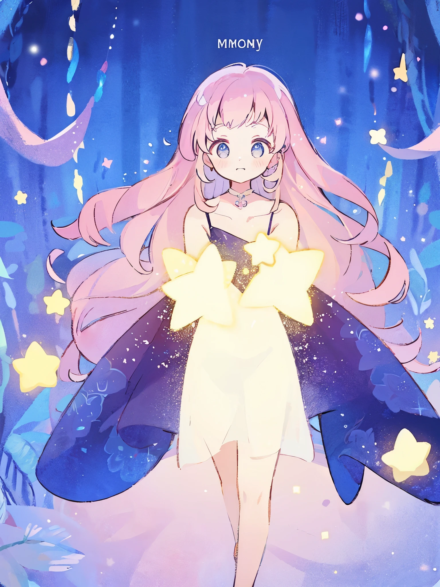 complex background, wishing star background, a woman wearing an ethereal mystical pink translucent dress that reflects the stars, perfume promo art, mystic, complex drawing, highly detailed, Covergirl brand, promo art, artistic rendition, ethereal, starry night, midjourney style