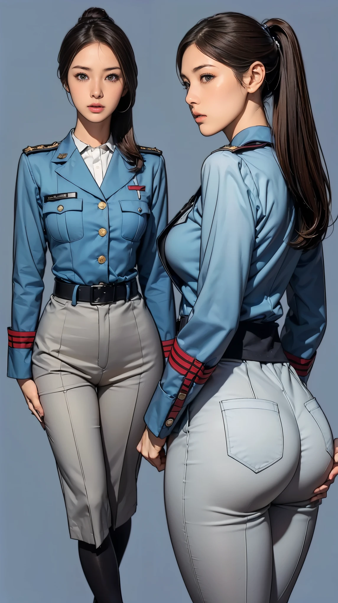 ((masterpiece)),(((highest quality))),((Reference Sheet, Character Design, front, return, ~ ~ ~ side, Mr...々Hairstyle, Mr...々performance, Facial Expressions)), 14-year-old girl, Cute type, (Very slim:1.4), (Very small ass:1.4), Realistic buttocks, (Big Breasts:1.3), Short Bob, Thin thighs, Long legs, It's not a big deal,(A female Earth Federation officer is walking), (Wearing Earth Federation military uniform, Light grey and light blue military uniform),(Worn by federal government employees'White Hat:1.5)