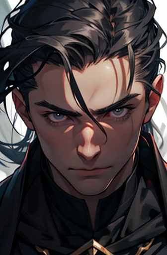Create a detailed close-up portrait of Alexios Vlahos (Moor). He has a long, Pronounced cheekbones、Pale skin and a serious face with noticeable shadows, As if always lit by moonlight. His sharp, His stern features are accentuated by his dark grey hair., Nearly black eyes, Emitting an ominous glow. His black, Straight hair slicked back, Hair hanging down on the forehead. Add subtle darkness, ethereal aura with shifting shadows and a grayish glow around him to emphasize his connection with Moor.