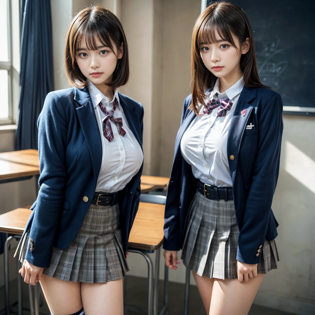 masterpiece, best quality, illustration, Super detailed, fine details, High resolution, 8K,wall paper, perfect dynamic composition,(Details High quality, realistic depiction of eyes:1.3), (2 girls, 2 schoolgirls:1.2), from side, High School Classroom、High school girl uniform、blazer 、Super Short Check Uniform Skirt、Navy blue high socks、garterbelts、Colossal tits、Disturbed uniform, short bob hair, black hair color, huge breasts, Big Natural Color Lip, bold sexy pose, (perfect body shape), crying a little、 Harajuku style、20 year old girl、 beautiful legs, hposing Gravure Idol, Voluptuous thighs