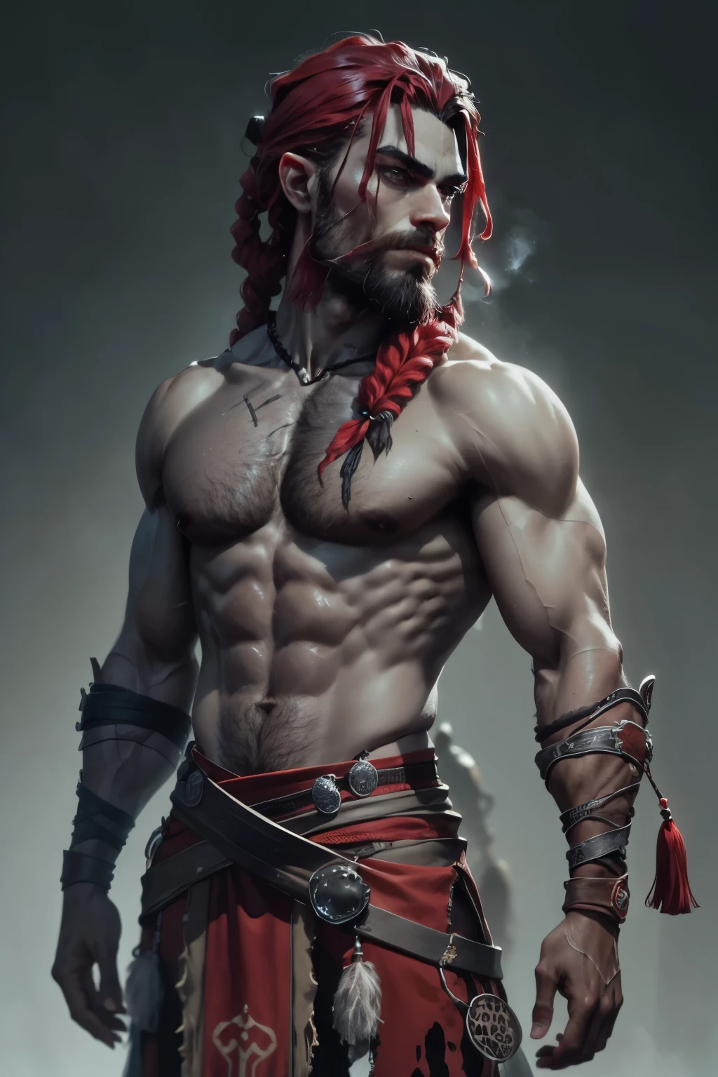 male warrior detaillierter Hintergrund, Komplizierte Details), Fantasy-Thema, Male , warrior , hairy , black hair , hairy body, ded world, medieval, ::grey skin, dark grey skin, dark skin braided red hair