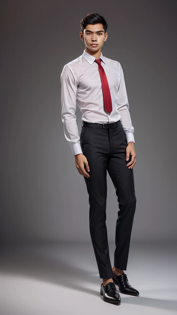 A captivating portrait of a thin Indonesian man with side shirt hair, wearing a white shirt, red tie, black pants, and black dress shoes. This classic combination creates an elegant and professional impression, while radiating assertiveness in a simple yet charming style. The contrasting colors enhance the strong visual appeal.