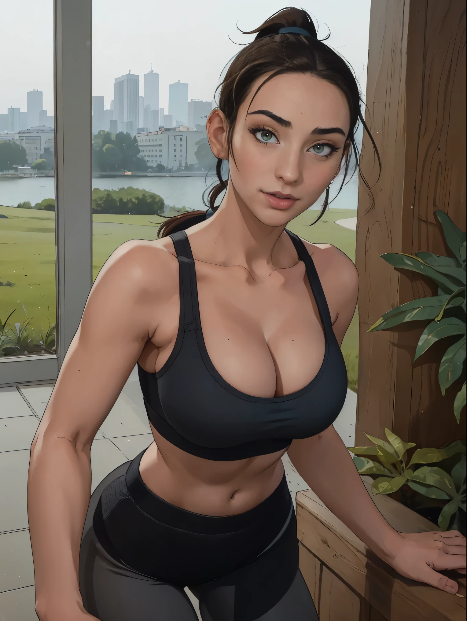 (masterpiece, top quality, best quality, official art, beautiful and aesthetic:1.2), (1girl:1.3), long dark brown hair, ((loose ponytail)), extremely detailed, portrait, looking at viewer, solo, (full body:0.6), detailed background, close up, mischievous green eyes, (warm nature theme:1.1), extremely busty slender brunette, jogging, running, huge lips, cheerful, mysterious, dark grey workout clothes, blue trim, sports bra, racerback, sleeveless, leggings, shorts, ponytail, slender, gigantic breasts, cleavage, skindentation, bouncing breasts, slim waist, slim hips, long legs, modern (city park exterior:1.1) background, bright optimistic lighting, shadows, magical atmosphere, dutch angle