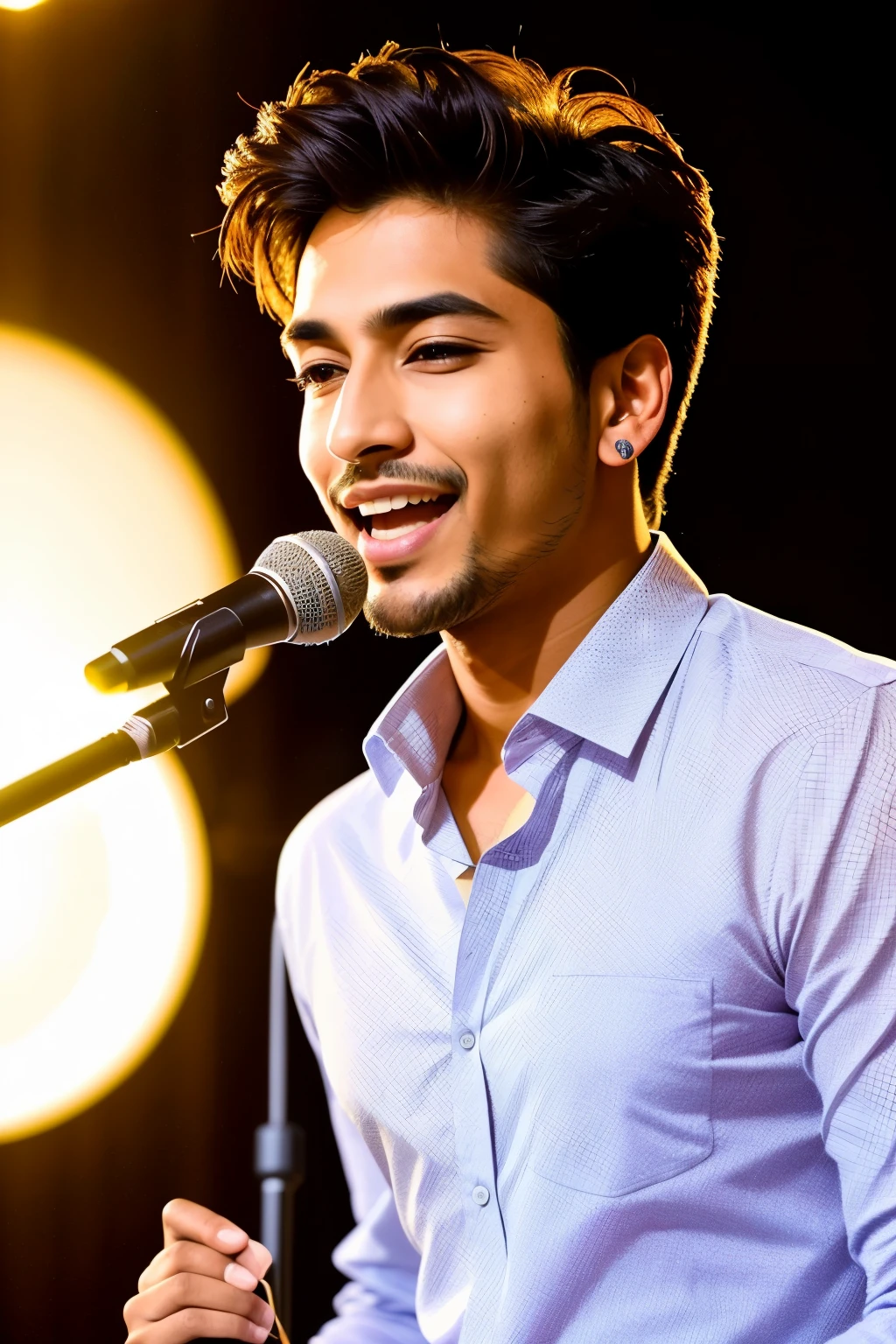 A captivating Indian man, radiant with the charm of age between 26-30, dons the role of a singer in a studio. He delivers a soulful song with an enchanting voice that exudes an irresistible attractiveness. The studio is illuminated by soft, warm lights, casting a flattering glow upon his chiseled features. His attire, simple yet elegant, complements his personality – a crisp, long-sleeved shirt with a subtle pattern, accentuating his toned arms as he passionately sings his heart out. The high-resolution close-up shot captures every intricate detail – the subtle stubble on his jaw