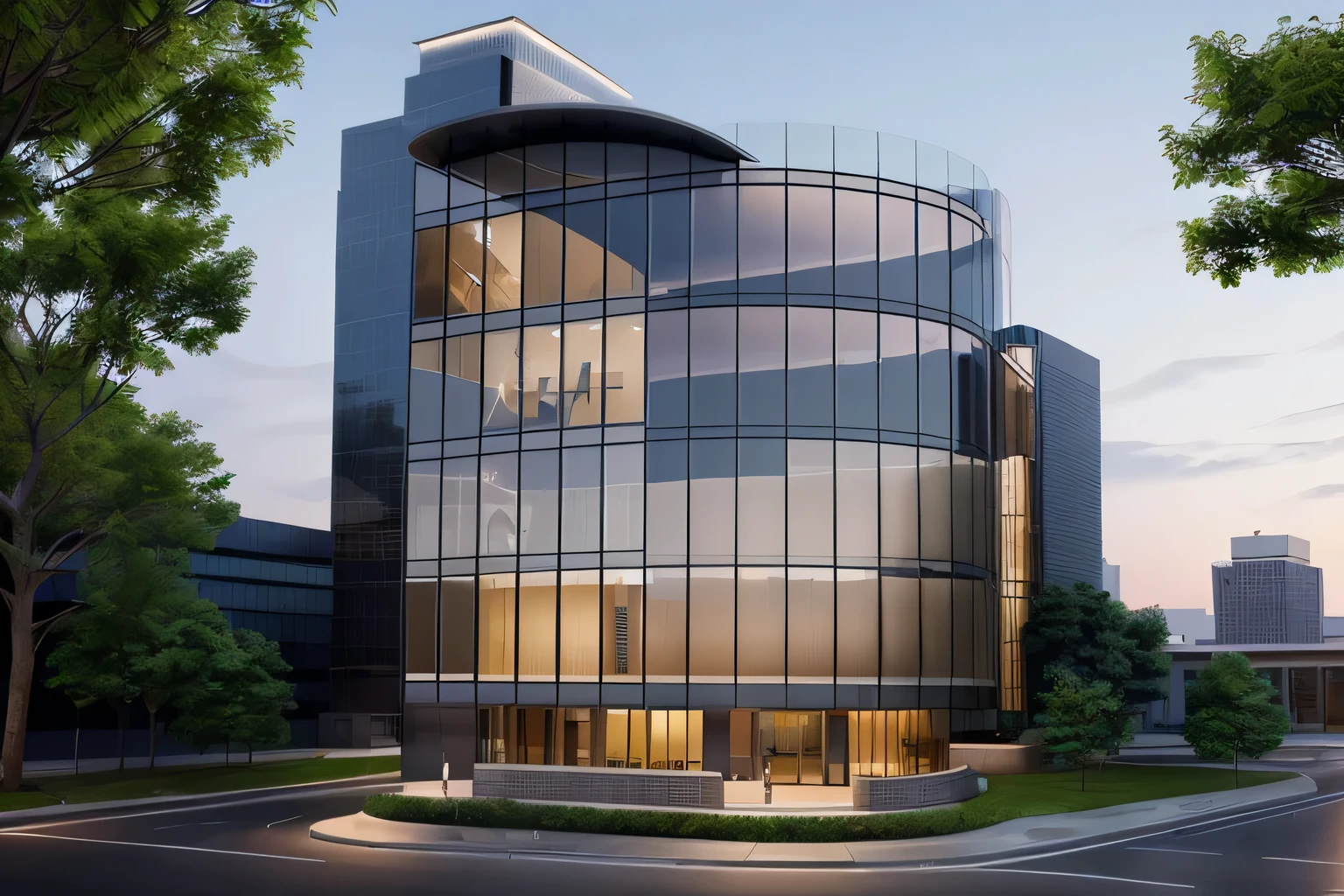 rendering of a modern office building with a curved glass facade, sharp hq rendering, sharp foccus ilustration hq, wide angle exterior 2022, architectural 3 d render, realistic building, architectural visualization, cinematic lighting, UHD, masterpiece, high details, high quality, 4K