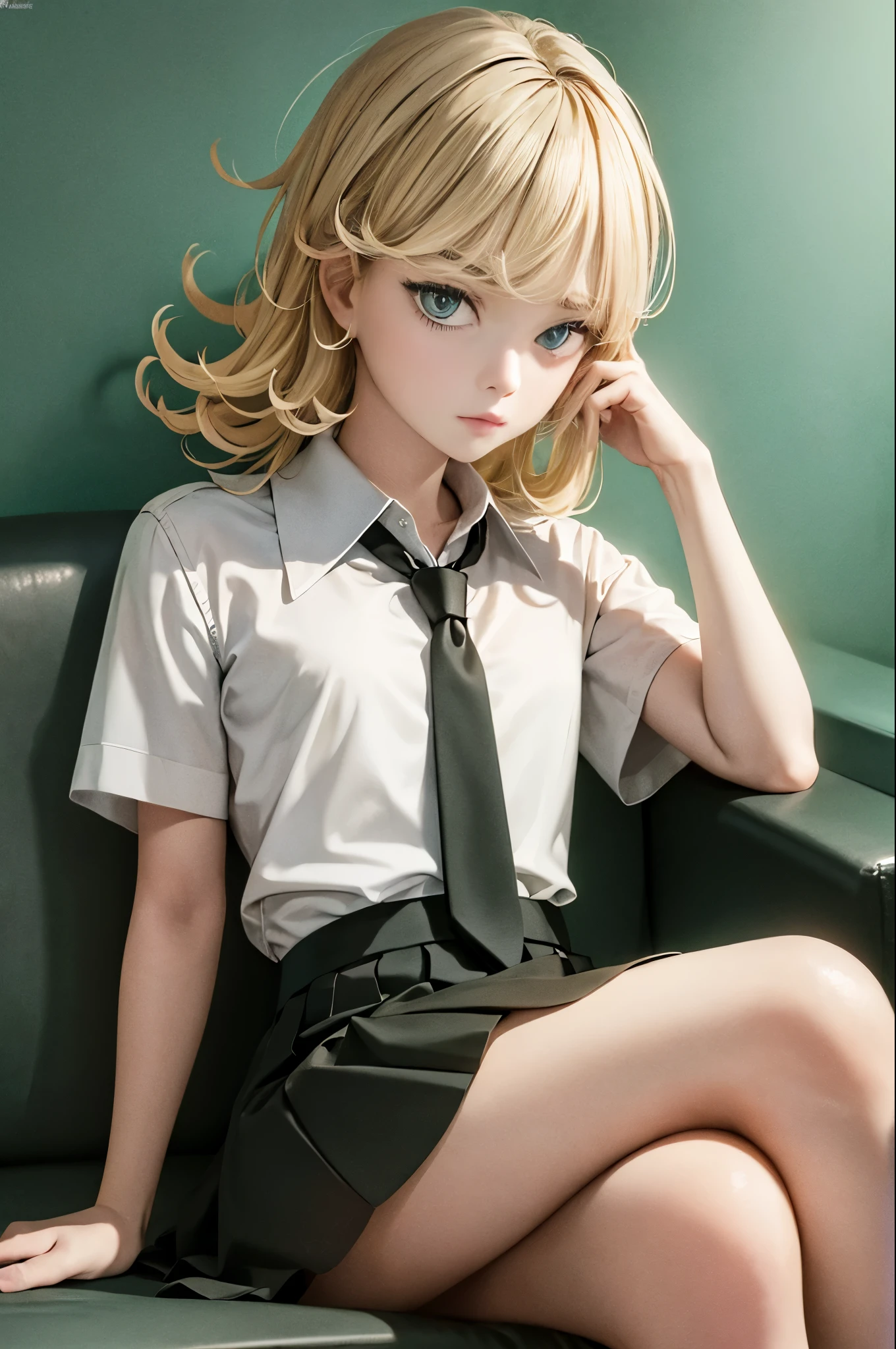 (masterpiece, best quality:1.2), solo, 1girl, tatsumaki, unamused, closed mouth, looking at viewer, hand on own face, sitting, crossed legs, collared shirt, necktie, skirt,green hair, green eyes,big thighs 